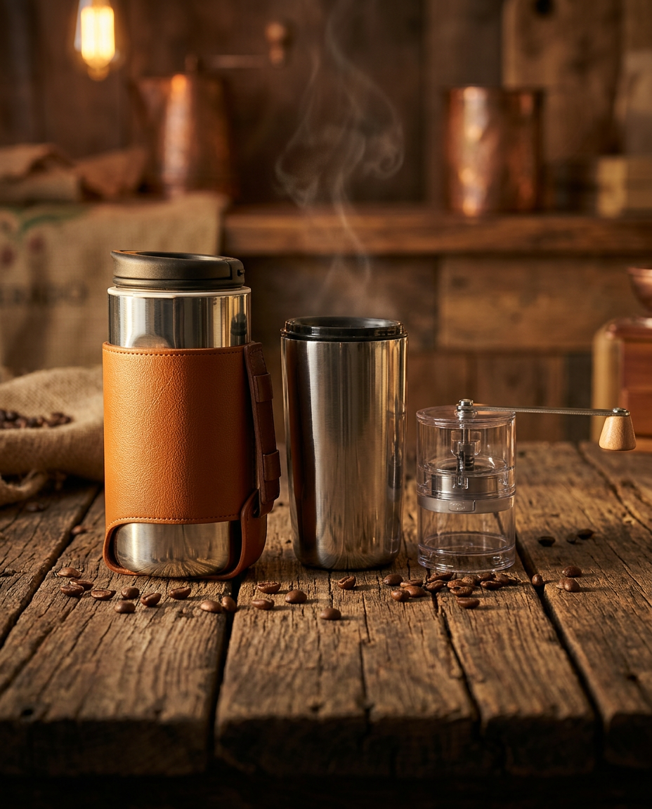 Kit Café Nomad 3-en-1 (Moulin, Filtre &amp; Gobelet Isotherme) – Édition La Tasse Noire